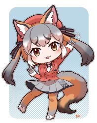 Rule 34 | 1girl, animal ears, blazer, blue background, extra ears, fox ears, fox girl, fox tail, gloves, grey hair, hat, highres, island fox (kemono friends), jacket, kemono friends, kemono friends v project, long hair, looking at viewer, mugise hitsuji, necktie, orange hair, pantyhose, ribbon, shirt, shoes, simple background, skirt, solo, tail, twintails, virtual youtuber, yellow eyes