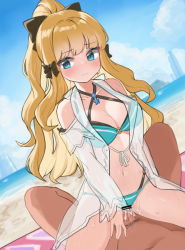 Rule 34 | 1girl, aqua bikini, bare shoulders, beach, bikini, bikini bottom aside, blonde hair, blue eyes, blush, bow, breasts, clothing aside, collarbone, cum, cum in pussy, cum overflow, frown, girl on top, hair bow, hair ribbon, jewelry, large breasts, layered bikini, long hair, looking to the side, navel, necklace, penis, pocari (sq551), ponytail, princess connect!, ribbon, saren (princess connect!), saren (summer) (princess connect!), sex, spread legs, swimsuit