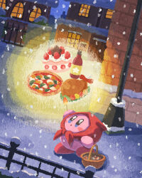 Rule 34 | basket, bottle, building, cake, cake slice, fence, food, fruit, head scarf, highres, holding, kirby, kirby (series), lamppost, little match girl, meat, miclot, night, nintendo, no humans, outdoors, snow, snowing, strawberry
