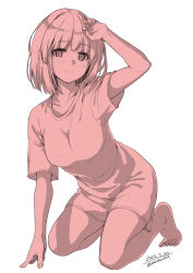 Rule 34 | 1girl, absurdres, arm support, arm up, barefoot, blush, closed mouth, dated, hand up, highres, kneeling, looking at viewer, monochrome, original, shirt, short hair, short sleeves, signature, simple background, smile, solo, t-shirt, unasaka ryou, white background