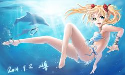 Rule 34 | 10s, 1girl, 2014, air bubble, anklet, ass, barefoot, bikini, blonde hair, blue eyes, breasts, breath, bubble, dated, diving, dolphin, feet, freediving, highres, holding breath, jewelry, long hair, medium breasts, mhg (hellma), original, ribbon, side-tie bikini bottom, signature, solo, striped bikini, striped clothes, swimming, swimsuit, twintails, underboob, underwater, wrist ribbon