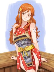 Rule 34 | 1girl, arm support, armor, bare shoulders, closed mouth, commentary, cowboy shot, curvy, english commentary, floral print, hair ornament, highres, japanese armor, japanese clothes, jedbanner, kimono, light blush, lips, long hair, looking at viewer, nami (one piece), nami (one piece) (wano), official alternate costume, one piece, orange eyes, orange hair, print kimono, red kimono, red nails, shiny skin, short kimono, shoulder tattoo, sidelocks, signature, smile, solo, tattoo, wavy hair, wide hips