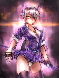 Rule 34 | 10s, 1girl, absurdres, black hair, breasts, cardigan, chromatic aberration, cleavage, covered erect nipples, eyepatch, fingerless gloves, girlsay, gloves, headgear, highres, kantai collection, miniskirt, necktie, panties, pantyshot, personification, short hair, skirt, sleeves rolled up, solo, standing, sword, tenryuu (kancolle), thighhighs, underwear, upskirt, weapon, white panties, yellow eyes