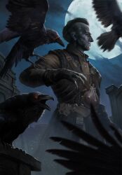 Rule 34 | bird, bird wings, claws, crow, full moon, gwent (game), highres, male focus, moon, night, non-web source, realistic, regis, the witcher (series), the witcher 3, vampire, wings