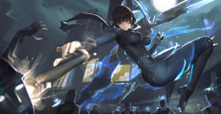 Rule 34 | 1girl, anat (persona 5), battle, biker clothes, black bodysuit, black hair, bodysuit, breasts, catsuit, firing, gun, handgun, holding, holding gun, holding weapon, impossible bodysuit, impossible clothes, in the face, knee pads, medium breasts, muzzle flash, night, niijima makoto, persona, persona 5, persona 5 the royal, pistol, purple eyes, revolver, shadow (persona), short hair, shoulder spikes, solo focus, spiked kneepads, spiked knuckles, spikes, vafar7, weapon