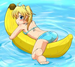 Rule 34 | 10s, 1girl, :o, ahoge, alternate eye color, alternate hair color, armpits, ass, back, banana, banana boat, beads, bikini, blonde hair, blue bikini, blue eyes, blush, body blush, breast press, breasts, cameltoe, fat mons, feet, food, from side, fruit, full body, gunslinger stratos, hair between eyes, hair tie, hug, hugging object, inflatable toy, looking at viewer, looking back, lying, on stomach, profile, ripples, senyou6060, shinou matsurika, small breasts, soles, solo, straddling, striped bikini, striped clothes, surprised, swimsuit, twintails, water, wet