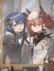 Rule 34 | 2girls, arknights, bandeau, beanie, black coat, black scarf, blue eyes, blue hair, bottle, bright pupils, closed mouth, coat, commentary, dog tags, ear piercing, earrings, feather hair, fiammetta (arknights), grey jacket, halo, hat, highres, horns, jacket, jewelry, long hair, looking at viewer, makeup brush, medium hair, mirror, mostima (arknights), multiple girls, off shoulder, open mouth, piercing, red eyes, red hair, reflection, scarf, smile, spray bottle, two side up, white bandeau, white headwear, white pupils, yanlingjinshilihuahua, yuri