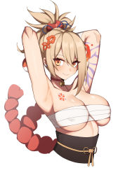Rule 34 | 1girl, arm tattoo, armpits, arms up, bandeau, bare shoulders, black sash, blonde hair, breast tattoo, breasts, chest tattoo, choker, collarbone, commentary, covered erect nipples, cropped torso, earrings, eyeshadow, genshin impact, hair ornament, hanenosaki, highres, impossible clothes, jewelry, large breasts, lips, looking at viewer, makeup, medium hair, obi, parted lips, ponytail, red choker, revision, sarashi, sash, sidelocks, simple background, solo, strapless, stud earrings, tattoo, tube top, upper body, white background, yellow eyes, yoimiya (genshin impact)