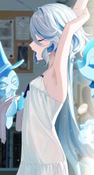 Rule 34 | 1girl, absurdres, arm behind head, armpits, arms up, bare arms, blue hair, blurry, blurry background, closed eyes, dress, from side, furina (genshin impact), genshin impact, highres, indoors, lingerie, long hair, multicolored hair, negligee, open mouth, owl 5151, profile, sleepwear, sleeveless, sleeveless dress, solo, two-tone hair, underwear, very long hair, white dress, white hair