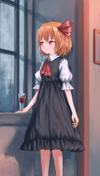 Rule 34 | 1girl, alcohol, ascot, black dress, blonde hair, blush, commentary request, cup, dress, drinking glass, feet out of frame, hair ribbon, highres, indoors, puffy short sleeves, puffy sleeves, rain, red ascot, red eyes, red ribbon, ribbon, roke (taikodon), rumia, shadow, shirt, short hair, short sleeves, sidelocks, solo, standing, touhou, white shirt, window, wine, wine glass