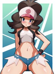Rule 34 | 1girl, :o, bare shoulders, baseball cap, blue eyes, blush, breasts, brown hair, cameltoe, creatures (company), denim, game freak, hand on own hip, harubato, hat, highres, hilda (pokemon), looking at viewer, midriff, navel, nintendo, open mouth, pokemon, pokemon bw, ponytail, short shorts, shorts, solo, tank top, thighs, vest, wristband