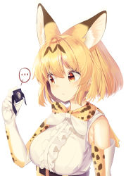 Rule 34 | ..., 1girl, absurdres, animal ears, animal ears (norankkori), bow, bowtie, breasts, brown eyes, closed mouth, elbow gloves, gloves, highres, kemono friends, large breasts, looking away, multicolored clothes, multicolored gloves, multicolored neckwear, necktie, orange bow, orange gloves, orange hair, orange necktie, serval (kemono friends), short hair, solo, speech bubble, spoken ellipsis, traditional bowtie, white bow, white gloves, white necktie