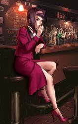 Rule 34 | 1990s (style), 1girl, bar stool, bottle, bow, bowtie, collared shirt, cowboy bebop, drinking, faye valentine, formal, front slit, full body, green eyes, hairband, high heels, indoors, looking afar, looking away, no socks, photo background, pumps, purple hair, python (snake legs), red bow, red bowtie, retro artstyle, running bond, shirt, shoes, short hair, sitting, skirt, skirt suit, solo, stiletto heels, stool, suit, white shirt