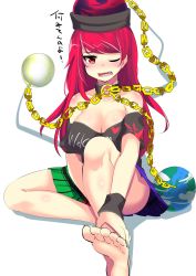 Rule 34 | 1girl, bare legs, bare shoulders, barefoot, black shirt, blush, breasts, chain, cleavage, clothes writing, collar, collarbone, earth (ornament), feet, hecatia lapislazuli, highres, hitotsuki nebura, large breasts, long hair, looking at viewer, miniskirt, moon (ornament), multicolored clothes, multicolored skirt, nose blush, off-shoulder shirt, off shoulder, one-hour drawing challenge, one eye closed, open mouth, plaid, plaid skirt, red eyes, red hair, shirt, sitting, skirt, solo, t-shirt, touhou, translation request, white background, wristband