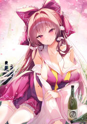 Rule 34 | 1girl, absurdres, blush, bottle, bow, breasts, brown hair, cleavage, collarbone, commentary request, detached sleeves, frilled bow, frilled hair tubes, frills, hair bow, hair tubes, hakurei reimu, highres, large breasts, long hair, looking at viewer, navel, nenobi (nenorium), off shoulder, pink eyes, red bow, red skirt, sitting, skirt, smile, solo, thighhighs, thighs, touhou, white sleeves, white thighhighs