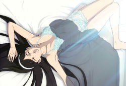 Rule 34 | 10s, 1girl, absurdres, arm up, armpits, barefoot, bed, bed sheet, black hair, chemise, closed eyes, hairband, highres, kumashiro maya, long hair, lying, non-web source, nyantype, official art, on back, panties, see-through, seikimatsu occult gakuin, shadow, sleeping, solo, underwear, very long hair, you gonna get raped
