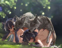 Rule 34 | 2girls, all fours, animal, animal ear fluff, animal ears, artist name, ass, back, bestiality, black hair, black skin, blurry, blurry background, breast press, breasts, collarbone, colored skin, completely nude, day, depth of field, gradient skin, grass, hair over one eye, hanging breasts, large breasts, mother and daughter, multicolored hair, multiple girls, nude, open mouth, original, outdoors, polki, red eyes, sex, sex from behind, short hair, small breasts, streaked hair, tail, tongue, tongue out, two-tone hair, white hair, wolf, wolf ears, wolf girl, wolf tail