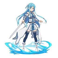 Rule 34 | 1girl, asuna (sao-alo), blue dress, blue eyes, blue hair, blue thighhighs, boots, braid, breasts, closed mouth, detached sleeves, dress, floating hair, french braid, full body, highres, holding, holding sword, holding weapon, long hair, looking at viewer, medium breasts, official art, pleated dress, pointy ears, short dress, short sleeves, sleeveless, sleeveless dress, smile, solo, standing, sword, sword art online, sword art online: code register, thighhighs, transparent background, two-tone dress, very long hair, weapon, white dress, white footwear, white sleeves, zettai ryouiki