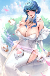 Rule 34 | 1girl, absurdres, arm support, bare shoulders, blue eyes, blue hair, blush, braid, breasts, cian yo, cleavage, creature, crystal rose sona, dress, eating, food, hair ornament, hands on own breasts, heart, highres, hip vent, huge breasts, large breasts, league of legends, lips, long sleeves, looking at viewer, medium hair, nail polish, navel, parted lips, poro (league of legends), shiny skin, sitting, smile, solo, sona (league of legends), white dress