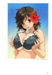 Rule 34 | 1girl, :p, artbook, between breasts, bikini tan, black one-piece swimsuit, bra, breasts, breasts squeezed together, brown hair, character request, covered erect nipples, flower, food, framed, frills, green eyes, hair flower, hair ornament, happoubi jin, hibiscus, highres, huge breasts, large breasts, licking, lingerie, looking at viewer, nail polish, nipples, one-piece swimsuit, pink nails, polka dot, polka dot bra, polka dot swimsuit, popsicle, sexually suggestive, short hair, smile, solo, sweet body, swimsuit, tan, tanline, tongue, tongue out, underwear