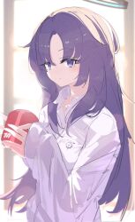 Rule 34 | 1girl, blue archive, collared shirt, commentary, cup, hair down, halo, highres, long hair, long sleeves, looking at viewer, mug, parted bangs, purple eyes, purple hair, shirt, sleeves past wrists, solo, tatara (alnath may), yuuka (blue archive)