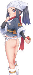 Rule 34 | 1girl, akari (pokemon), ass, black hair, black undershirt, blush, closed mouth, creatures (company), female focus, fundoshi, galaxy expedition team survey corps uniform, game freak, head scarf, highres, holding, holding poke ball, japanese clothes, kanabun, long hair, looking at viewer, nintendo, poke ball, poke ball (legends), pokemon, pokemon legends: arceus, ponytail, red scarf, scarf, simple background, solo, sweat, thighs, undershirt, white background, white headwear