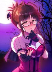 Rule 34 | 1girl, akizuki ritsuko, antenna hair, black-framed eyewear, blush, breasts, brown eyes, brown hair, capelet, cleavage, fang, fingerless gloves, folded ponytail, full moon, glasses, gloves, hand on own chin, heart, heart-shaped pupils, idolmaster, idolmaster (classic), large breasts, looking at viewer, moon, my dear vampire, night, nose blush, noukatu, outdoors, outstretched hand, puffy sleeves, round eyewear, short hair, short sleeves, solo, symbol-shaped pupils
