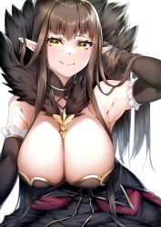 Rule 34 | 1girl, absurdres, bare shoulders, black dress, blush, breasts, breasts day, brown hair, cleavage, dress, fate/apocrypha, fate (series), fur trim, gold trim, highres, large breasts, len (hand linke), long hair, looking at viewer, pointy ears, semiramis (fate), sidelocks, slit pupils, very long hair, yellow eyes