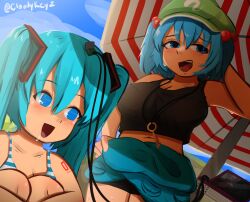 2girls beach_umbrella bikini black_tank_top blue_eyes blue_hair blue_screen_of_death blue_sky breasts cable cleavage clothes_around_waist cloud cloudykeyz commentary computer drooling english_commentary green_hat hair_bobbles hair_ornament hat hatsune_miku highres jerma985 jewelry kawashiro_nitori key key_necklace laptop large_breasts midriff multiple_girls navel necklace nervous_sweating open_mouth shadow shirt shirt_around_waist sky smile striped_bikini striped_clothes sweat swimsuit tank_top tattoo touhou twintails umbrella vocaloid