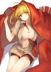 Rule 34 | 1girl, ahoge, bag, beige jacket, between breasts, bike shorts, black shorts, blanket, blonde hair, blush, braid, breasts, closed mouth, fate/extra, fate/grand order, fate (series), french braid, green eyes, hair between eyes, hair bun, hair intakes, heroic spirit traveling outfit, highres, jazztaki, large breasts, long hair, looking at viewer, navel, nero claudius (fate), nero claudius (fate) (all), nero claudius (fate/extra), nero claudius (traveling outfit) (fate), official alternate costume, short sleeves, shorts, shoulder bag, simple background, single hair bun, smile, solo, strap between breasts, thighs, white background