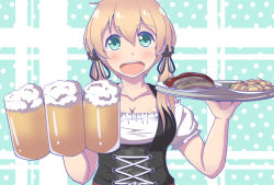 Rule 34 | 10s, 1girl, :d, alcohol, alternate costume, anchor hair ornament, aqua eyes, beer, beer mug, breasts, carrying, cleavage, collarbone, commentary request, cup, dirndl, food, german clothes, germany, hair ornament, highres, kantai collection, light brown hair, long hair, looking at viewer, mug, oktoberfest, open mouth, potato, prinz eugen (kancolle), sausage, smile, solo, twintails, yukimi unagi, zanshomimai