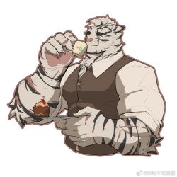 Rule 34 | 1boy, alternate costume, animal ears, arknights, bara, bild (billd14075680), butler, cropped torso, cup, drinking, facial hair, formal, furry, furry male, goatee, holding, holding cup, holding tray, large hands, large pectorals, male focus, mountain (arknights), muscular, muscular male, pectorals, scar, scar across eye, scar on arm, shirt, short hair, smile, solo, teacup, thick eyebrows, tiger boy, tiger ears, tight clothes, tight shirt, tray, vest, white hair