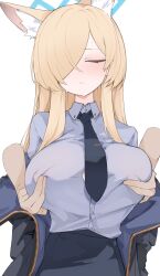 Rule 34 | 1girl, animal ear fluff, animal ears, black necktie, blonde hair, blue archive, blue halo, blue shirt, breasts, closed mouth, collared shirt, commentary, grabbing, grabbing another&#039;s breast, grabbing from behind, hair over one eye, halo, highres, jacket, kanna (blue archive), large breasts, long hair, mikozin, necktie, shirt, simple background, skirt, solo focus, sweat, upper body, white background