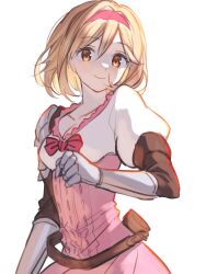 Rule 34 | 1girl, armor, belt, blonde hair, bow, breasts, brown eyes, cleavage, closed mouth, collarbone, commentary request, cowboy shot, djeeta (granblue fantasy), dress, gauntlets, granblue fantasy, hair between eyes, hairband, highres, looking at viewer, pink dress, pink hairband, puffy short sleeves, puffy sleeves, red bow, red ribbon, ribbon, shirt, short hair, short sleeves, simple background, smile, solo, standing, upper body, white background, yumeme 818