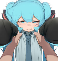 Rule 34 | 1girl, 1other, :t, abmayo, absurdres, aged down, aqua hair, black sleeves, blush, closed mouth, collared shirt, commentary, detached sleeves, floppy sleeves, green eyes, green hair, green necktie, grey shirt, hair between eyes, half-closed eyes, hatsune miku, highres, lifting person, long hair, necktie, outstretched arms, pout, pov, pov hands, reaching, reaching towards viewer, shirt, simple background, sleeveless, sleeveless shirt, sleeves past fingers, sleeves past wrists, solo focus, tearing up, trembling, twintails, upper body, very long hair, vocaloid, white background