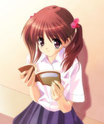Rule 34 | 1girl, book, brown hair, hair ornament, holding, holding book, long hair, open book, orino yushi, pleated skirt, purple eyes, shirt, short sleeves, sitting, skirt, smile, solo, twintails, white shirt, wing collar