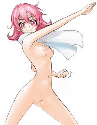 Rule 34 | 1girl, aida mana, alternate hairstyle, blush, breasts, clenched hand, dokidoki! precure, flipped hair, ginko (silver fox), hair down, henshin pose, kamen rider, navel, nipples, no pussy, nude, outstretched arm, outstretched hand, parody, pink eyes, pink hair, precure, simple background, small breasts, smile, solo, towel, towel around neck, wet, white background