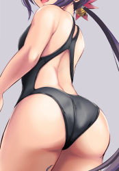 Rule 34 | 1girl, absurdres, akebono (kancolle), ass, ass focus, bare back, bare shoulders, bell, black one-piece swimsuit, close-up, commentary request, competition swimsuit, cowboy shot, flower, from behind, hair bell, hair flower, hair ornament, highres, jingle bell, kantai collection, long hair, looking at viewer, looking back, one-piece swimsuit, open mouth, purple hair, side ponytail, solo, standing, swimsuit, very long hair, yellow quokka