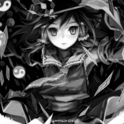 Rule 34 | 00s, 1girl, 2009, armpits, bad id, bad pixiv id, black theme, clothes lift, dated, detached sleeves, female focus, floating, floating object, frills, gohei, greyscale, hair tubes, hakurei reimu, japanese clothes, lowres, miko, monochrome, nakbe, necktie, ofuda, oonusa, signature, skirt, skirt lift, solo, touhou, wind, yin yang