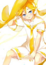 Rule 34 | 1boy, absurdres, banana, banana peel, between legs, blonde hair, blue eyes, collar, collared shirt, commentary, expressionless, food, fruit, hand between legs, headphones, highres, holding, holding food, holding fruit, kagamine len, looking at viewer, male focus, nail polish, necktie, oversized food, oversized object, oyamada gamata, parted lips, sailor collar, shirt, short sleeves, shorts, sitting, solo, spiked hair, symbol-only commentary, vocaloid, water drop, white background, white collar, white shirt, white shorts, yellow nails, yellow necktie