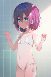 Rule 34 | 1girl, bare arms, bare shoulders, bikini, black hair, blue eyes, blush, groin, hair between eyes, hands up, highres, looking at viewer, meito (maze), navel, one side up, original, parted lips, purple hair, side-tie bikini bottom, solo, swimsuit, tile wall, tiles, white bikini