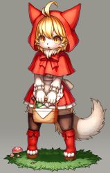 Rule 34 | 1girl, ahoge, animal nose, basket, black legwear, blonde hair, blush, body fur, claws, commentary request, fang, fewer digits, full body, furrification, furry, furry female, grass, hair between eyes, highres, little red riding hood, little red riding hood (grimm), looking at viewer, mushroom, solo, standing, tail, tsuji, white fur, wolf, wolf girl, wolf tail, yellow eyes