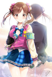 Rule 34 | 1girl, armband, azuma yuki, black jacket, blazer, blue bow, blue scrunchie, blue skirt, blush, bow, brown eyes, brown hair, brown skirt, closed mouth, commentary request, double bun, facing away, frilled skirt, frills, hair bun, hair ribbon, holding, holding microphone, idolmaster, idolmaster shiny colors, jacket, long hair, long sleeves, looking at viewer, microphone, multiple views, pink jacket, pink ribbon, plaid, plaid bow, plaid skirt, pleated skirt, print scrunchie, ribbon, safety pin, scrunchie, signature, skirt, sonoda chiyoko, star (symbol), star print, twintails, twitter username, wrist scrunchie