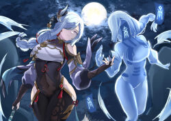 Rule 34 | 2girls, black gloves, blue eyes, bodysuit, braid, breasts, calamity queller (genshin impact), clothing cutout, covered navel, elbow gloves, genshin impact, gloves, hair ornament, hair over one eye, highres, hip vent, large breasts, long hair, long sleeves, looking to the side, low-braided long hair, low-tied long hair, multiple girls, night, night sky, partially fingerless gloves, polearm, puffy long sleeves, puffy sleeves, shenhe (genshin impact), shoulder cutout, sky, smile, spear, tabard, talisman, tassel, thighs, tian kazuki, very long hair, weapon, white hair