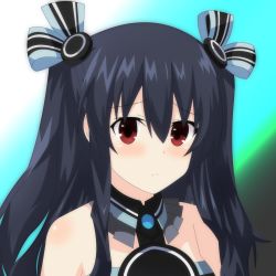 Rule 34 | bare shoulders, black hair, breasts, collar, dress, ears, frown, green background, hair ornament, hairclip, highres, long hair, mirroa1015, neptune (series), red eyes, sad, small breasts, tsundere, twintails, uni (neptunia), upper body