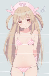 Rule 34 | 1girl, bare arms, bare shoulders, bikini, blush, breasts, closed mouth, collarbone, commentary request, diagonal-striped bikini, diagonal-striped clothes, frown, fujisaki hikari, grey background, groin, hair ornament, hat, heart, highres, light brown hair, long hair, natori sana, navel, nurse cap, pink hat, rabbit hair ornament, red eyes, sana channel, side-tie bikini bottom, simple background, small breasts, solo, split depth, squiggle, striped bikini, striped clothes, sweat, swimsuit, two side up, very long hair, virtual youtuber