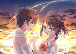 Rule 34 | 10s, 1boy, 1girl, ahoge, black hair, blue eyes, blush, brown eyes, brown hair, cloud, cloudy sky, collared shirt, comet, crying, crying with eyes open, eye contact, fingers together, from side, happy tears, holding hands, kimi no na wa., looking at another, mitsuhachi8, miyamizu mitsuha, open mouth, outdoors, ponytail, shirt, sidelocks, sky, smile, string, string of fate, sunset, swept bangs, tachibana taki, tears, white shirt
