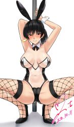 Rule 34 | 1girl, amagami, animal ears, armlet, armpits, arms up, black eyes, black footwear, black hair, black thighhighs, blush, bowlegged pose, breasts, cleavage, closed mouth, commission, covered navel, dated, detached collar, embarrassed, fake animal ears, fishnet thighhighs, fishnets, high heels, highres, large breasts, long hair, looking at viewer, meme attire, pixiv commission, pole, pole dancing, ponytail, rabbit ears, signature, simple background, sleeves past wrists, solo, spread legs, stripper pole, thighhighs, translucent bunnysuit, tsukahara hibiki, white background, yoo tenchi