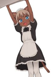 Rule 34 | 1girl, animal ears, apron, arms up, blue eyes, blush, cat ears, cat girl, cat tail, dark-skinned female, dark skin, dress, fang, female focus, frills, grey hair, looking at viewer, maid, maid apron, maid headdress, nitera1041, open mouth, original, pantyhose, simple background, solo, sweatdrop, tail, white apron, white background, white pantyhose