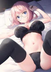 Rule 34 | 1girl, bare arms, bare shoulders, bed sheet, black-framed eyewear, black bra, black nails, black panties, black thighhighs, blue eyes, bow, bow bra, bow panties, bra, breasts, cleavage, commentary request, feet out of frame, glasses, highres, kine-c, knees up, large breasts, looking at viewer, lying, nail polish, navel, on back, original, panties, pillow, pink hair, round eyewear, solo, spread legs, thighhighs, underwear, underwear only